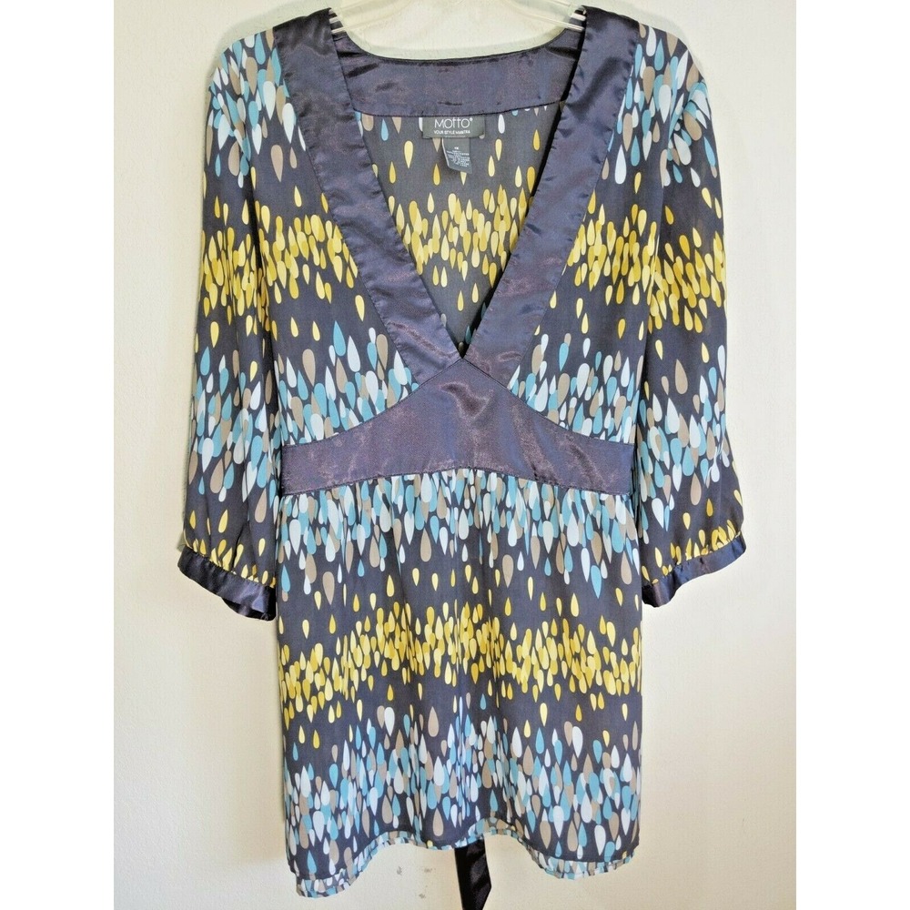 Motto QVC Gray‎ Turquoise Yellow Sheer Tunic Blouse Tie Back 3/4 Sleeve Plus 1X